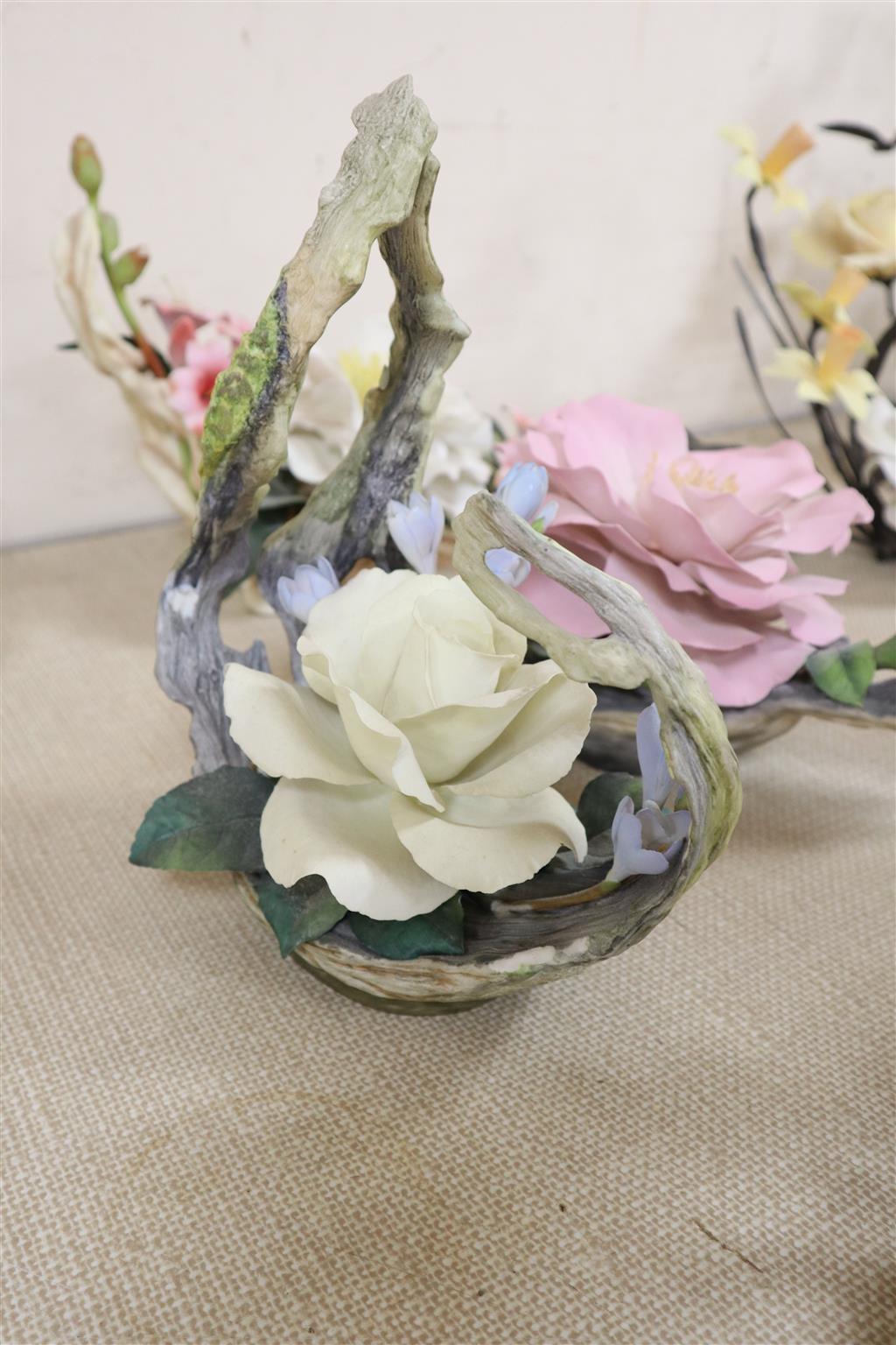 Five Boehm porcelain flower groups - Blue Nile Rose no.183, Pelargonium no.42, Pascal Rose with Freisas no.195, Annenberg Rose